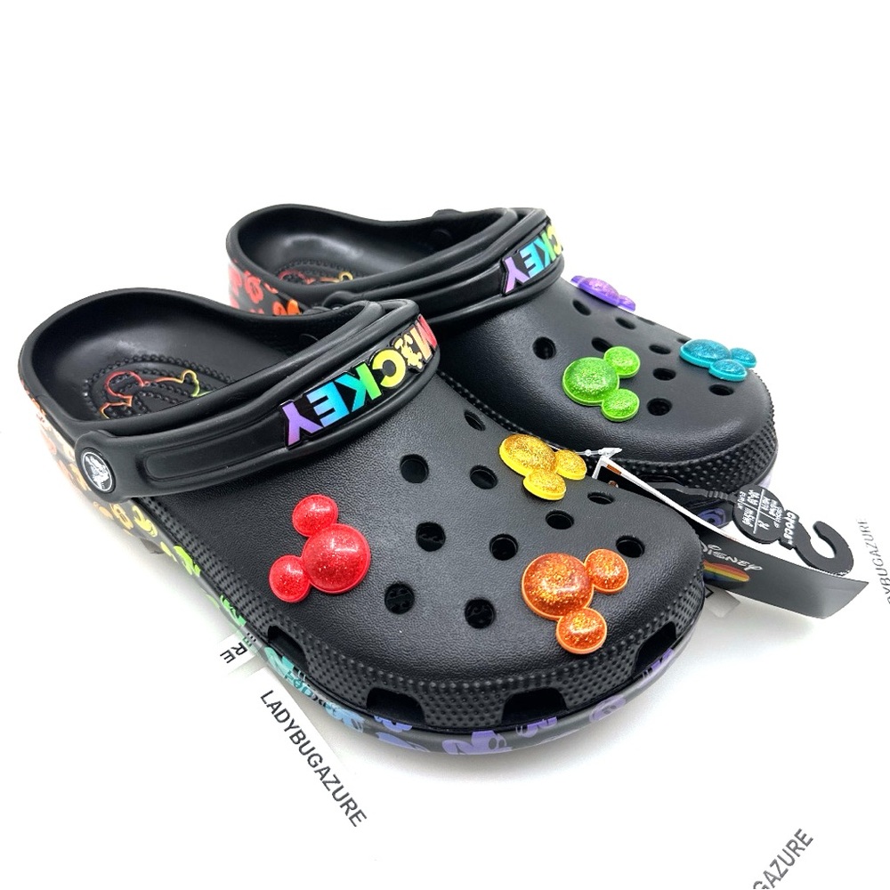 CROCS Black Sandals with Colorful Jibbitz Unisex M6/W8 - Picture 4 of 13